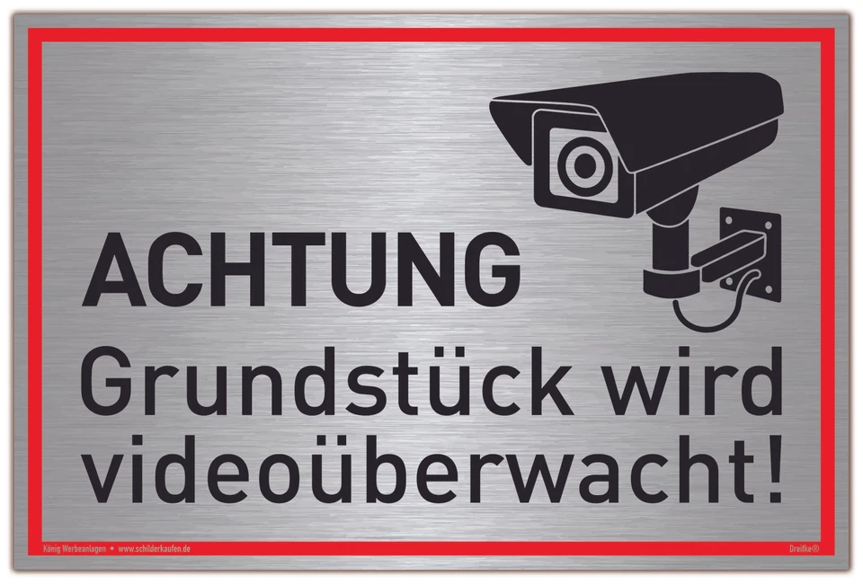 DREIFKE Schild Achtung Grundstück wird videoüberwacht! Silber Alu mit UV-Schutz 30x20 cm