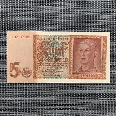 Billete de 5 marcos de 1942 recuerdos de la Segunda Guerra Mundial moneda alemana Alemania Segunda Guerra Mundial Foto 1 de 4