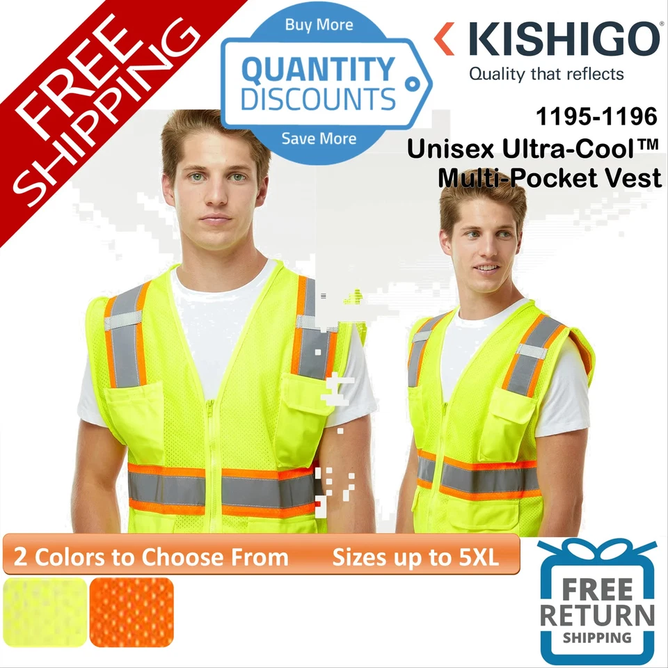 🔥 Kishigo Unisex Ultra-Cool Safety Multi-Pocket Vest Up To 5XL 1195-1196 - Image 1 of 1