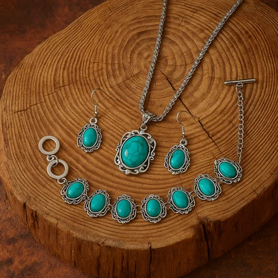Boho Sivler & Turquoise Bracelet Necklace Earrings Set Women Gift - Image 1 of 4