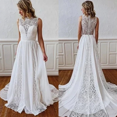 Elegant A-Line Wedding Dresses Scoop Neck Sleeveless Lace Appliques Bridal Gowns - Image 1 of 4