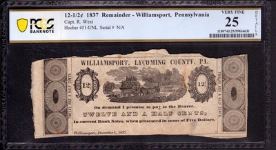 1837 12 1/2c WILLIAMPOST PENNSYLVANIA REMAINDER OBSOLETE SCRIP NOTE PCGS B VF 25 - Image 1 of 2