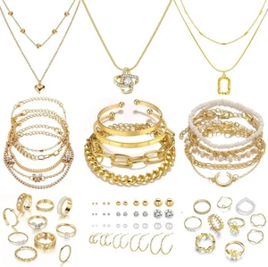 IFKM 36-teiliges vergoldetes Schmuckset mit 4 Halskette, 11 Armbändern, 7 Ohrmanschetten - Bild 1 von 8