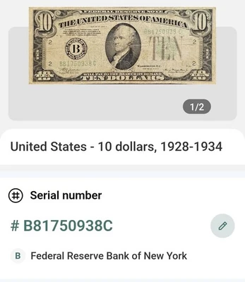 1934 a Ten Dollar Federal Reserve Note Green Seal. Rare Find New York. - Image 1 of 4