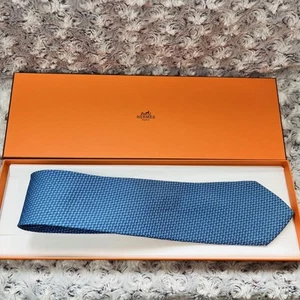 HERMES Necktie Tie Blue all-over pattern 100% Silk made in France J7906 - Picture 1 of 24