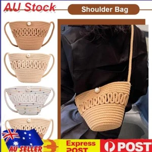 Women Shoulder Bag Pearl Straw Beach Clutch Cotton Thread Woven Crossbody Purses - Picture 1 of 21