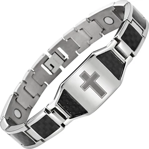 Men'S Titanium Magnetic Christian Cross Bracelet with Black Carbon Fiber Insets - Picture 1 of 6