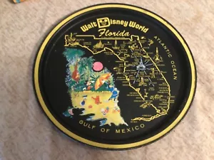Vntg,WALT DISNEY WORLD Florida Map Metal Round Souvenir Serving Tray 70sFREESHIP - Picture 1 of 4