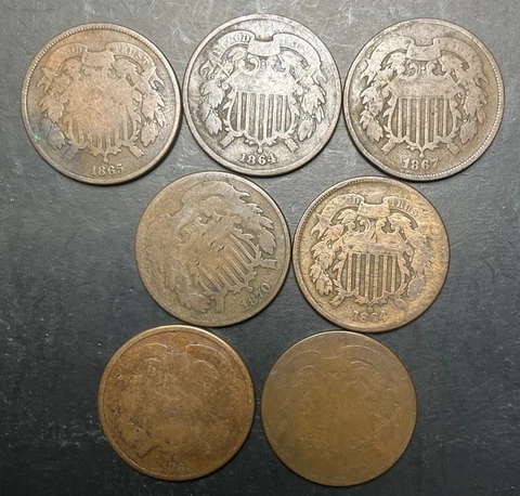Lot of 7 Two 2 Cent with 1870 Mixed Dates tough old collection nice coins 2c3 Cover