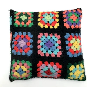 Vintage Granny Square Black pink blue green Crochet Pillow With Designs - Picture 1 of 2