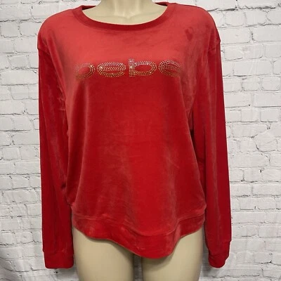Bebe 女式红色丝绒水钻标志长袖作物上衣 XL 码 — 第 1/4 张图片
