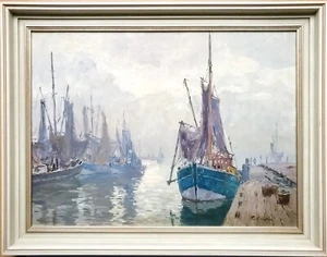 Pintura óleo paisaje puerto barcos norte de Alemania Paul Ernst Wilke - Imagen 1 de 11