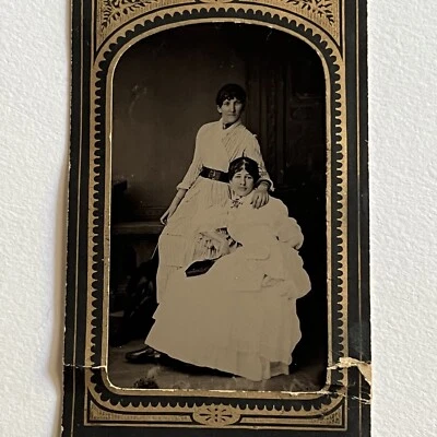 Antique Tintype Photograph Beautiful Women Affectionate ID Shaw & Hopkins - Image 1 of 4