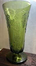 VINTAGE Indiana Glass Vase GREEN HARVEST GRAPES Footed 5" Diameter x 10" Tall