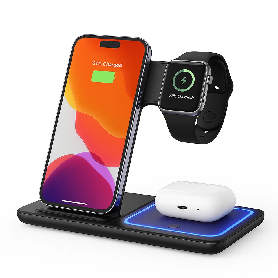 Wireless Charger For iPhone Apple Watch & AirPods 3 in 1 Wireless Charger Stand - Image 1 of 4