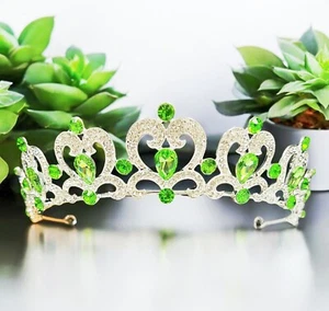 Green Rhinestone Tiara. Silver tiara, Heart tiara, Flower girl crown, X-mas Gift - Picture 1 of 8