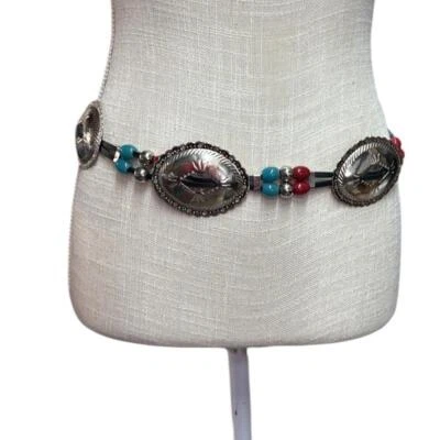 Silver Tone Chain Conchos Beaded Waist Belt Najavo Taiwan Accessory Stylish - Image 1 of 4
