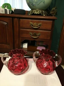 HTF Fenton L G Wright Cranberry Pink Inverted Thumbprint Coin Dot Creamer Sugar - Picture 1 of 6
