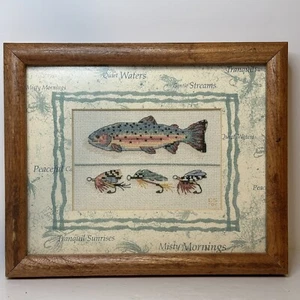 Handmade Cross Stitch Fisherman's Vision Wood Framed Matted Trout Blue Pink - Picture 1 of 8