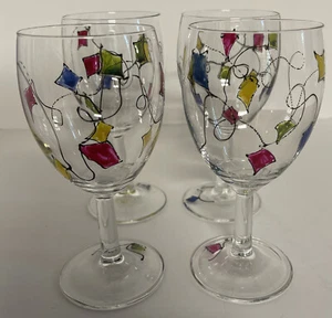 Set of 4 Hand Painted Wine Glasses with Kites. France - Picture 1 of 9