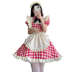 RPFLQ Maid Uniform Checkered Pattern Coffee Shop Red Black Cosplay One P 511 - Picture 1 of 7