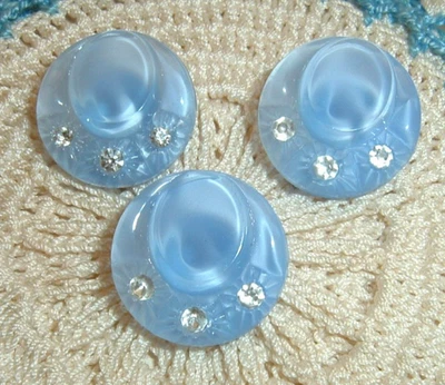 Set of 3 Vintage Blue Moonglow Glass Hat Buttons w/3 Rhinestones in Brim 11/16" - Image 1 of 3
