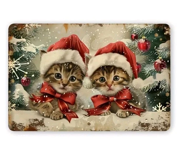 Vintage Christmas Kittens Santa Hat Metal Tin Sign 12x8 Iron Xmas Wall Art Gift - Image 1 of 4