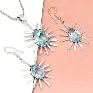 Conjunto de pendientes colgantes de topacio azul cielo joyería esterlina anillo pendiente - Imagen 1 de 12