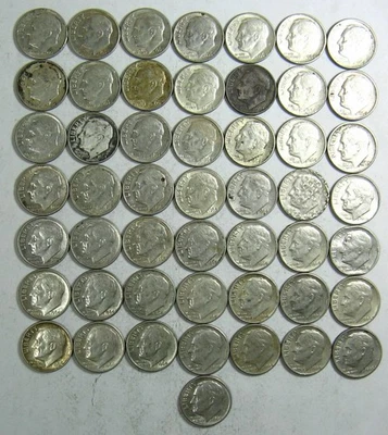 1964-D ROOSEVELT DIME - TEN CENTS - FULL ROLL - LOT OF 50 - DINGS & DIRT - Image 1 of 4