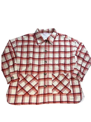 Pink Lily Plaid Flannel Shacket Jacket Cream Burgundy Plaid Button Front Lined M - Image 1 of 4
