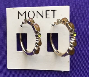 Vintage Signed MONET Crystal Hoop Earrings Champagne Gold Tone Round NOS - Picture 1 of 5