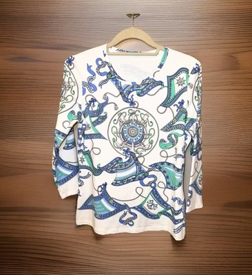 Top de nailon J. McLaughlin para mujer MEDIANO azul blanco barco náutico elástico usado en excelente estado Foto 1 de 4