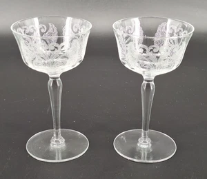 2 Crystal Stem Floral Etched Ribbed Flared Drinkware Liquor Glasses 5" - Picture 1 of 7