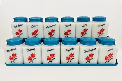 12 Tipp City Poinsettia Red Flower Spice Shakers Blue Lids Matching Rack Holder - Image 1 of 4