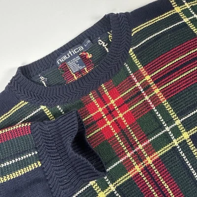 Suéter masculino Nautica tamanho G xadrez de Natal vintage boxey vovô malha folgado anos 90 - Imagem 1 de 4