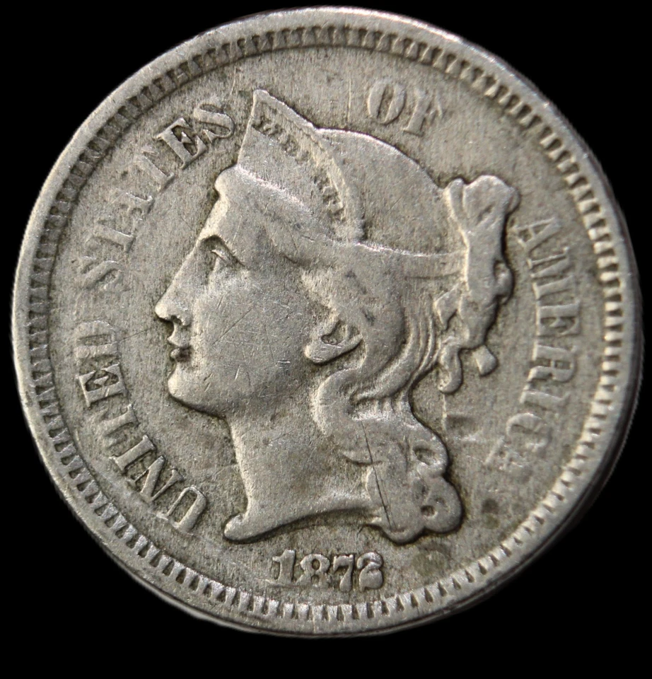 1872 3 cent nickel- CHOICE VF / FREE SHIPPING- SMH148 - Image 1 of 3