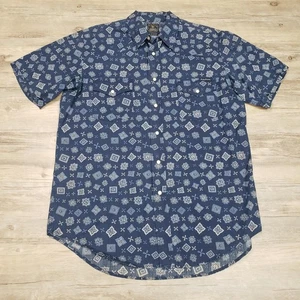 Lucky Brand Dungarees Shirt Mens Large Navy Blue Bandana Short Sleeve Pearl Snap - Picture 1 of 10