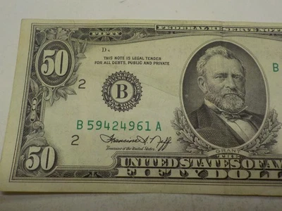 RARE 1974 $50 DOLLAR BILL ERROR OBVERSE OFFSET PRINT B59424961A NEW YORK - Image 1 of 4