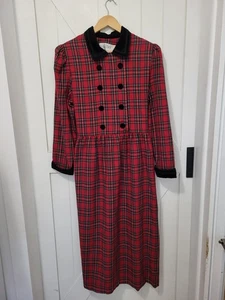 Maxi abito lungo vintage rosso a quadri manica lunga nero bordo velluto cottage core taglia 16 - Foto 1 di 7