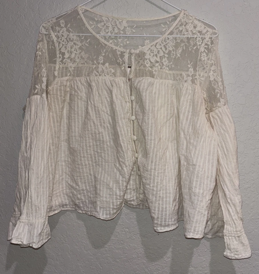 free people laced neckline shoulder cropped button front blouse top M Cotton - Image 1 of 4