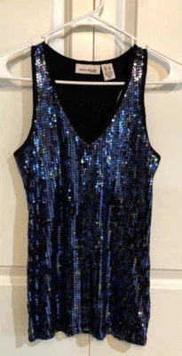 DKNY JEANS Tank Top Shimmer Blue Sequins on Black Racer Back V-Neck  Petite - Image 1 of 3