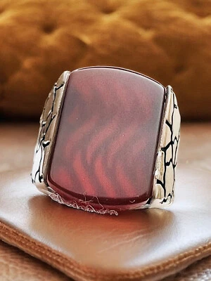 Solid 925 Sterling Silver Rectangle Floral deign Ring Natural Red Agate ring #2 - Image 1 of 4