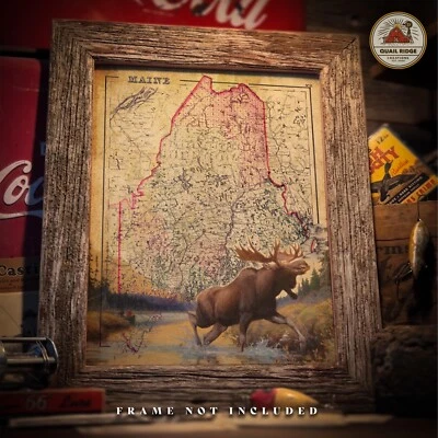 Vintage Maine State Map Art Print Moose Hunting Fishing Cabin Wall Decor Gift - Image 1 of 4