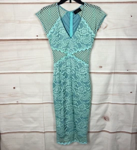 AX Paris Dress Womens UK 8 US 4 Green Lace Bodycon Midi Mesh Cap Sleeve V-Neck - Picture 1 of 7