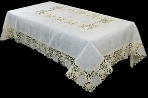 Solid Beige Rectangle 72x126" Embroidery Tablecloth 12 Napkins Wedding Bridal - Picture 1 of 4