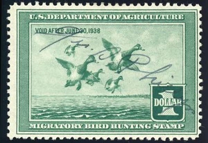 US RW4 $1 1937 Hunting Permit Stamp Scaup Ducks Taking to Flight Fine used - Picture 1 of 2