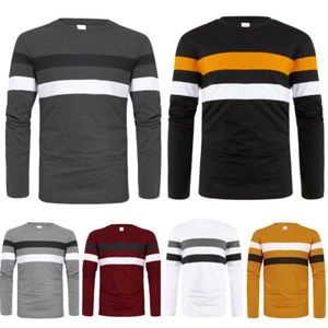 Men Stripe Long Sleeve Slim Fit Tops Casual Work T-Shirt Pullover Sweatshirts - Picture 1 of 20