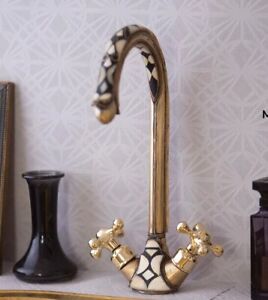 Wood and Brass Gooseneck Faucet, Unlacquered Brass Gold , Antique Vessel Sink.