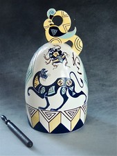 Mariko Swisher contemporary artist sculptural white earthen bell, cats and bird