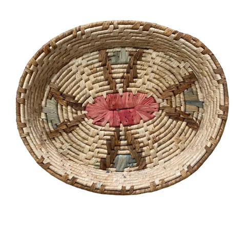Vtg Sweetgrass Coiled Basket Straw Pink Green Colorful Boho Wall Hanging Tray Cover